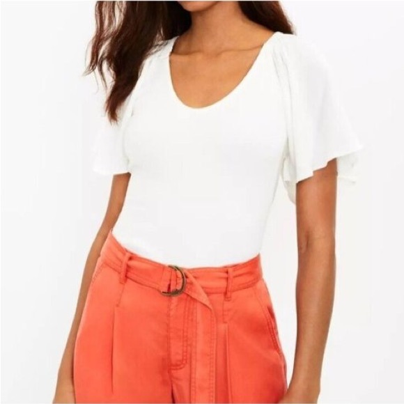 LOFT Tops - NWT White/Cream Ribbed Flounce Short- Sleeve Size L Shirt